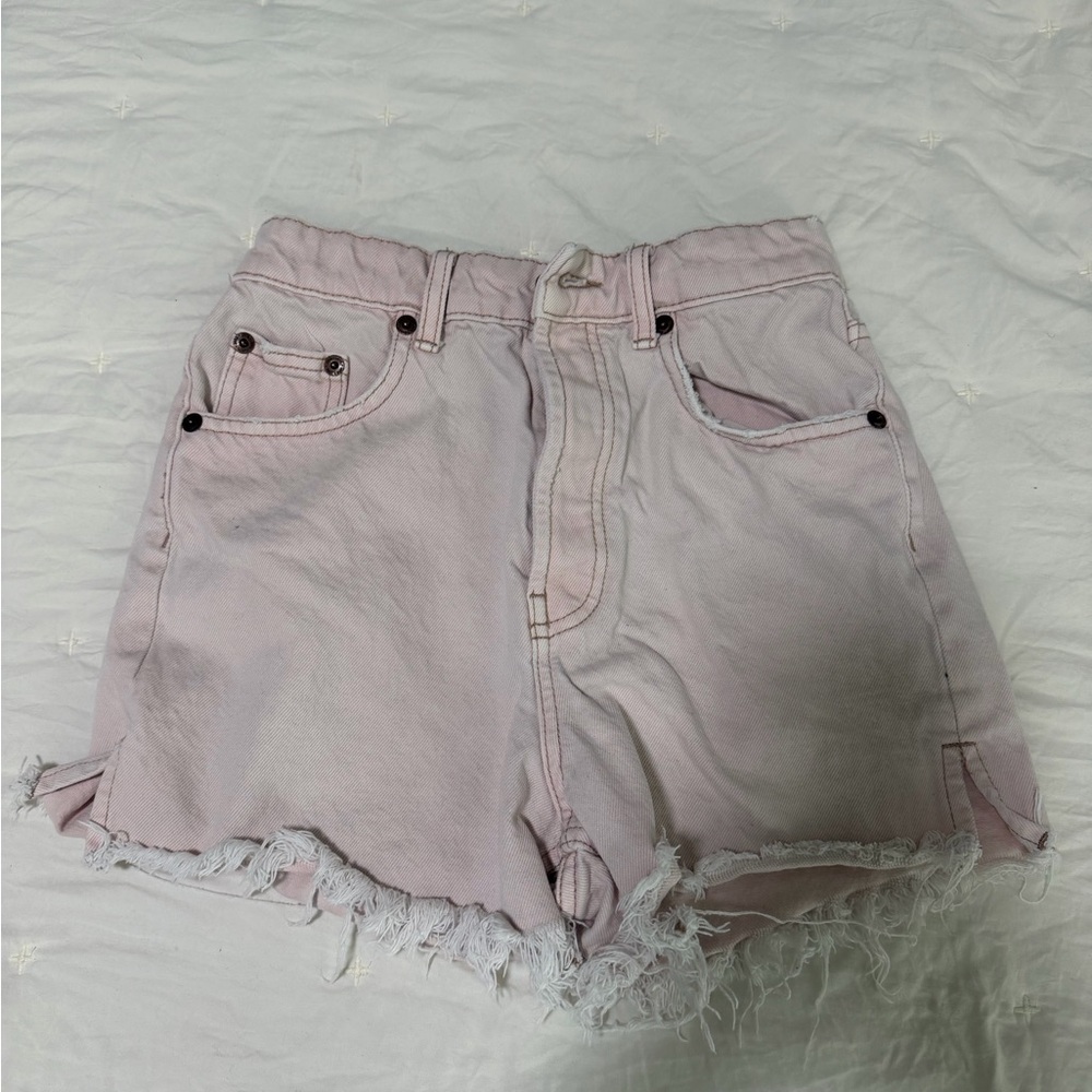 Zara Pale Pink Frayed-Hem Denim Shorts